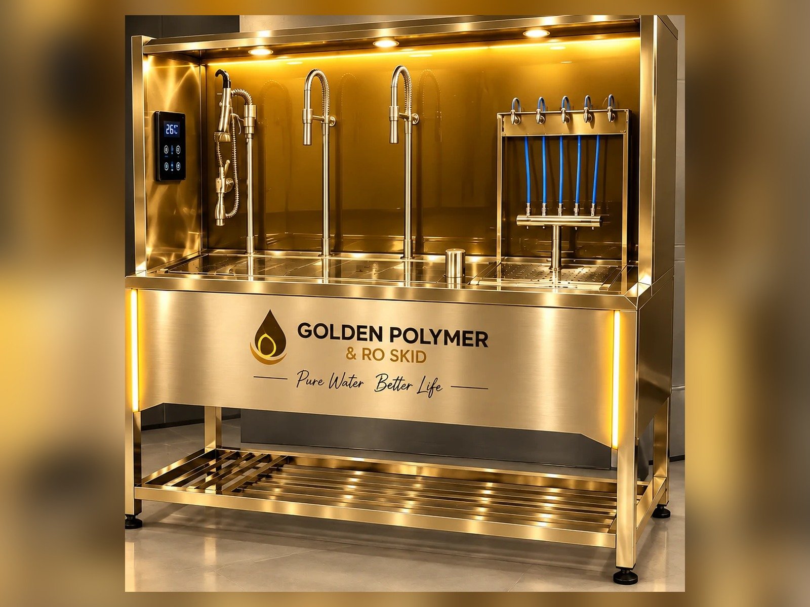 Golden Polymer stainless steel RO skid with LED-lit work area, gooseneck taps and multi-outlet manifold