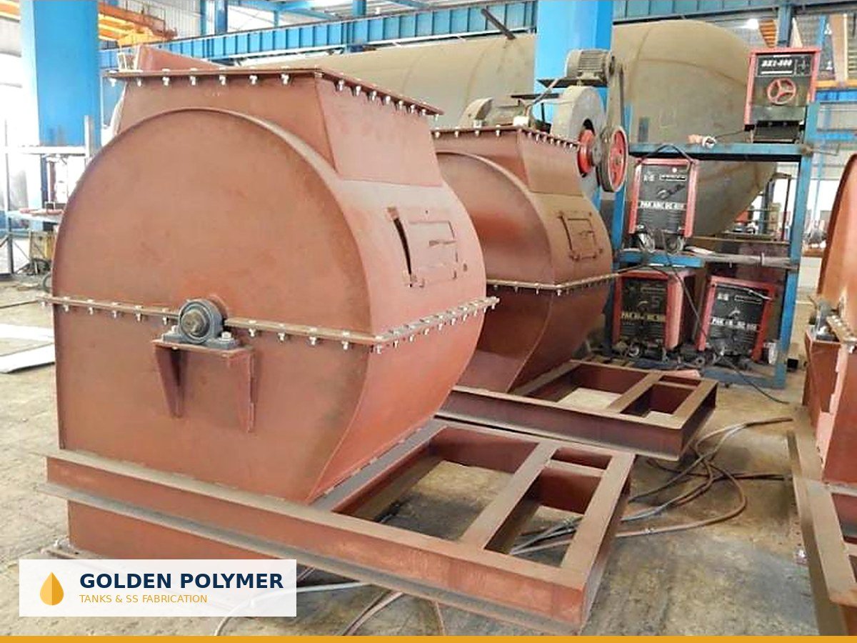 Golden Polymer fabricated steel machine housings on base frames in the workshop