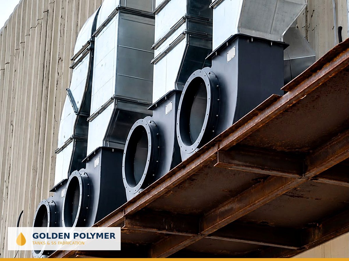 Industrial centrifugal blowers with galvanised ducting on a steel support frame